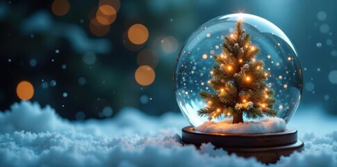 Shiny Christmas tree inside a clear glass snow globe with frosty air and snowflakes gently falling,  Miniature Christmas,  Holiday Decoration