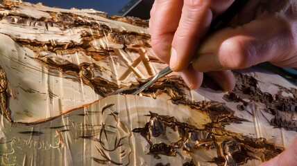 Photorealistic image of a hand carving initials into tree bark