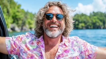 Happy man tropical vacation boat smiling joyful carefree lifestyle summer travel photography