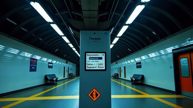 Modern subway station interior with illuminated platforms, empty benches, and directional signage