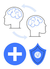 Two heads connected by arrows, representing brain exchange, plus icons for health and security. Ideal for teamwork, communication, neurotechnology, healthcare, mental wellness, data protection