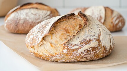 Freshly baked artisan sourdough loaves.  Golden-brown crust,  airy crumb structure,  artisan bread, perfect for sandwiches,  rustic look