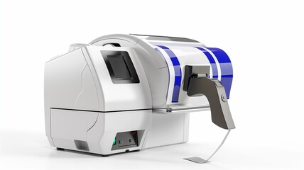 Photorealistic image of a digital label maker with ergonomic grip on a white background