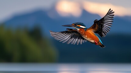 Obraz premium Majestic Bird in Flight Above Tranquil Water Reflecting Blue Sky