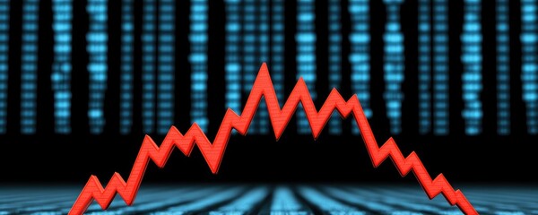 Fototapeta premium Red Downward Trending Arrow on a Blue Data Background Illustrating Market Decline or Economic Recession