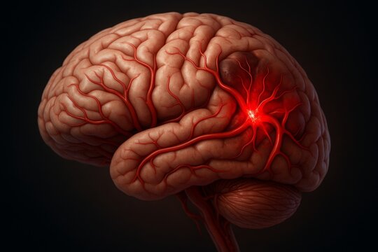 Medical illustration of a hemorrhagic stroke, ruptured blood vessel in the brain causing bleeding, detailed visualization of the brain with highlighted hemorrhage area, 3D rendering, educational