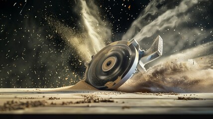 Fototapeta premium Photorealistic image of a angle grinder covered in sawdust
