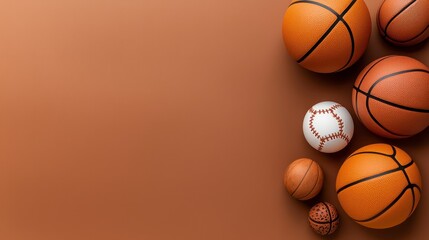 Obraz premium Sports Balls on Brown Background with Copy Space Basketsballs Baseballs Tennisball
