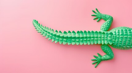 Obraz premium Close-up of Vibrant Green Crocodile Toy Tail on Soft Pastel Pink Background