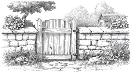 Rustic Wooden Gate in Stone Wall Black and White Sketch