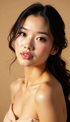 Obraz premium Stunning Asian woman with glamorous makeup against soft beige backdrop, glamorous, calm colors , beauty inspiration