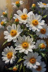 Fototapeta premium White and yellow blooming flowers in elegant realistic painting style with soft background and warm lighting