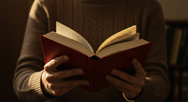Quiet Moments with a Book: A person enveloped in soft light, intensely focused on the pages of a book held in their hands, evoking a sense of quiet contemplation and the pleasure of reading.