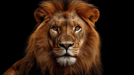 Naklejka premium Majestic lion portrait against a black background