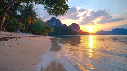 Serene sunset beach tranquil tropical paradise vacation scene