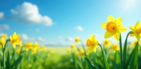 Vibrant yellow daffodils sway gently in the breeze amidst lush green field and clear blue sky, floral fields, natural scenery, nature