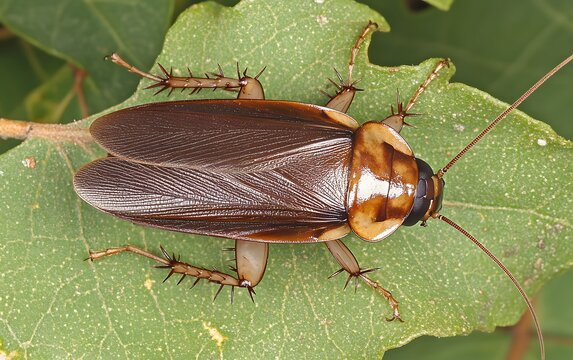 Detailed Closeup of Brown Cockroach on Green Leaf