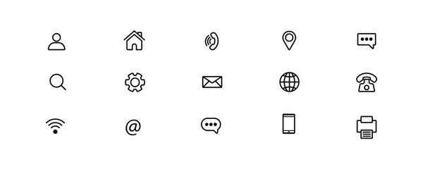 Contact info icon set for business card, Contact, Home, Call, Location, Email, Web, Message, Fax sign in simple line art style, Business Icon symbol vector illustration.