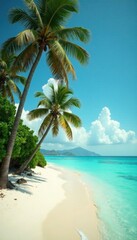 Obraz premium Vintage toned palm trees on a tropical island with white sandy shore and clear blue waters , tropical, beach, sand