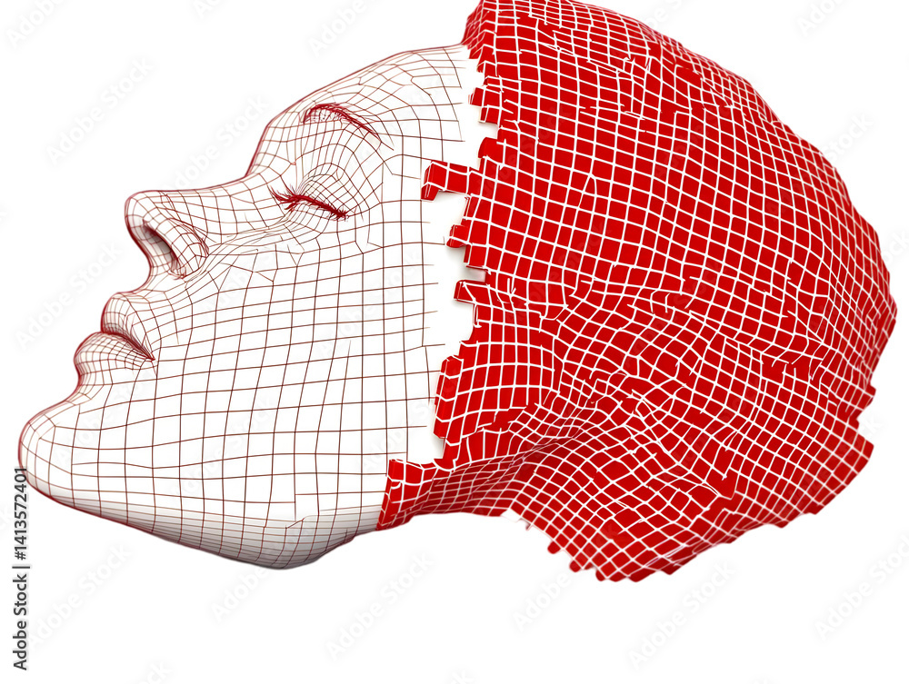 Aufkleber abstract 3d render of a face profile in red and white pixels isolated