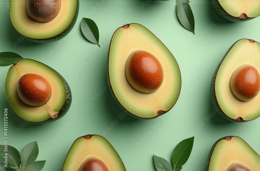 Poster a vibrant flat lay showcasing halved avocados arranged on a pastel green background, interspersed wi