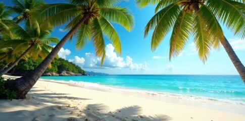 Fototapeta premium Warm sandy beach with swaying palm trees and turquoise ocean waves under a sunny sky, ocean, turquoise, palm tree