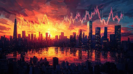 Vibrant City Skyline Under Sunset with Stock Market Graph Overlay