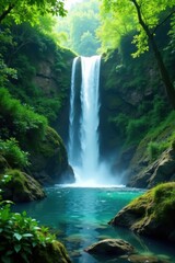 Waterfall with lush greenery, landscape, tranquil