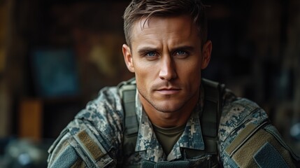 Military Personnel in Uniform A CloseUp Portrait of a Soldier Wearing Tactical Gear Ideal fo