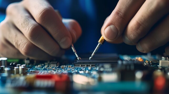Electronics technician repairing a motherboard in a tech workshop. Featuring electronic repair and circuit work