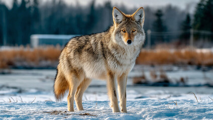 Obraz premium A coyote stands alert in a snowy landscape, its fur blending with the winter scene. The sun highlights its fur.