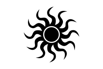 Sun symbol with swirling rays represents heat and energy, designed in a bold black on white background