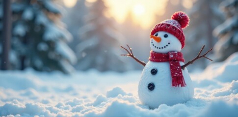 Fototapeta premium Winter Snowman View, panoramic view of a happy snowman in winter scenery with copy space, winter wonderland, serene scene