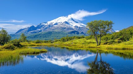 Snow Capped Mountain Reflected in a Calm Lake