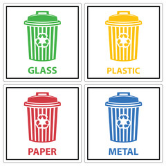 Colorful Recycling Bins for Glass, Plastic, Paper, and Metal Waste Segregation
