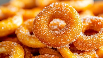 Sugar coated donuts are stacked with a golden color and crystalline sugar particles creating a sweet arrangement.