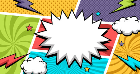 Retro empty comic bubbles and elements with colorful halftone