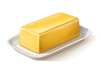 Golden Butter Block on Dish: A close-up studio shot of a golden butter block rests invitingly on a sleek, rectangular dish, the image radiates a sense of warmth and culinary delight.