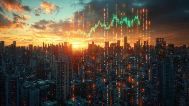 Sunset Urban Landscape with Digital Stock Market Visualization