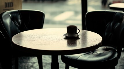 Obraz premium Rainy day coffee shop, empty table, two chairs, city view, quiet atmosphere, for cafe promotion