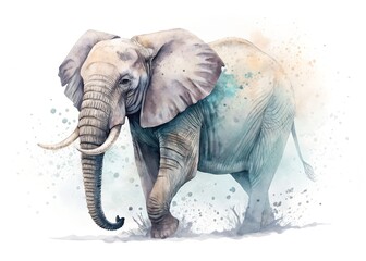 Fototapeta premium Majestic Elephant Watercolor: A stunning watercolor portrayal of an elephant, showcasing its massive form, graceful stride, and the delicate interplay of color and light.