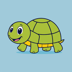 Happy little turtle with joyful smile walking slowly in flat vector cartoon style
