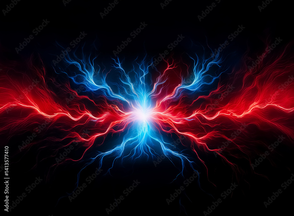 Poster electric energy clash bursts with vibrant red and blue hues against a dark background, hinting at op