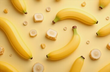 Fototapeta premium A vibrant flat lay showcasing whole bananas and sliced pieces arranged on a pale yellow background. The composition is bright, cheerful, and visually appealing.