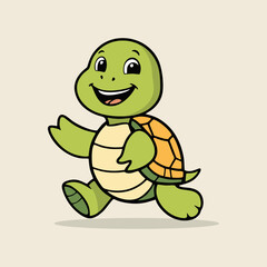 Cute smiling turtle in cartoon style walking joyfully with soft pastel colors