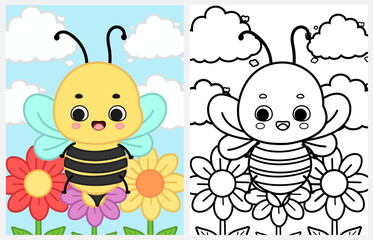 Cute cartoon flying bee and flowers coloring page for kids, spring coloring page for kids