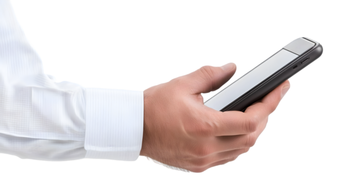 Photo Hand Holding Smartphone with White Shirt and Transparent Background - Powered by Adobe
