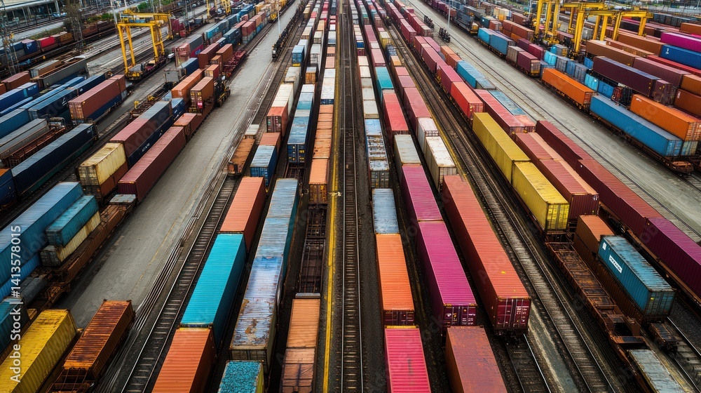Poster Aerial Perspective of a Vast Intermodal Container Yard with Dense Stacks