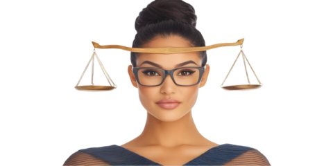 Photo Of a Woman Holding Justice Scales With Eyeglasses on Transparent Background
