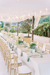 Long festive table with wicker chairs stands under a fabric canopy with lighting in the garden